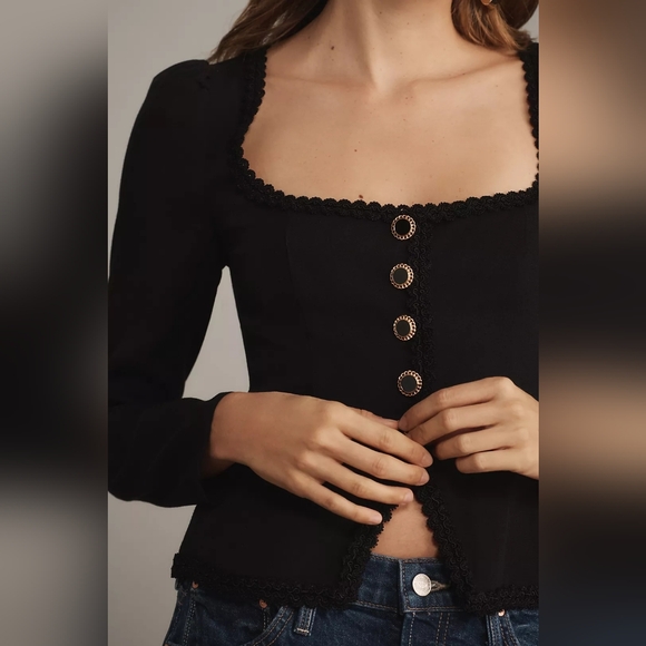 Reformation Black Button Front Long Sleeve Top Size 10 - Picture 4 of 10